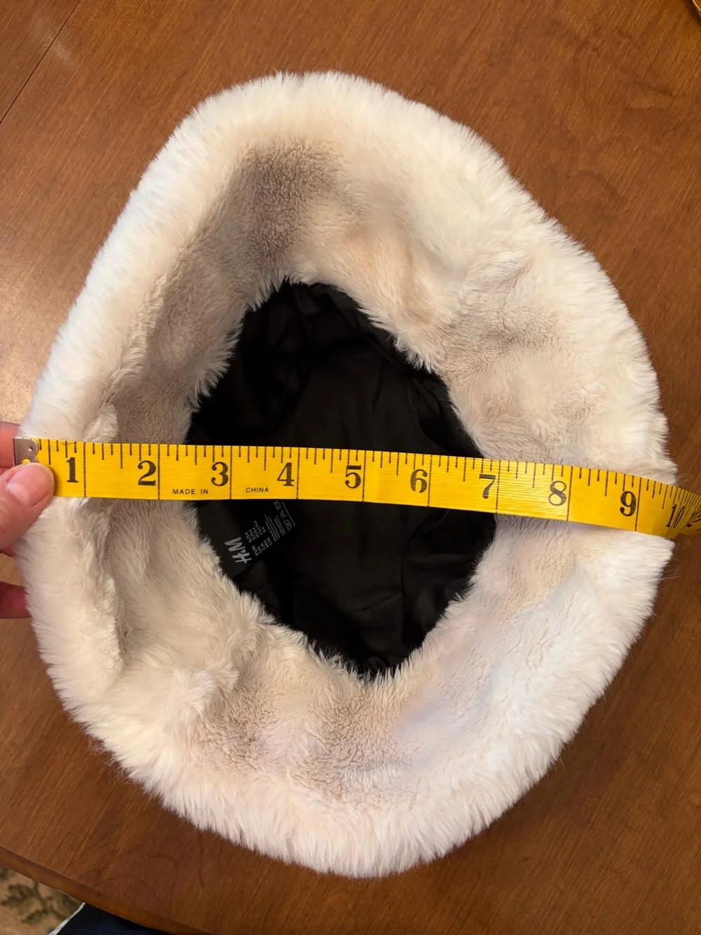 H&M Black Faux Leather Bucket Hat with White Faux Fur Fluffy Trim